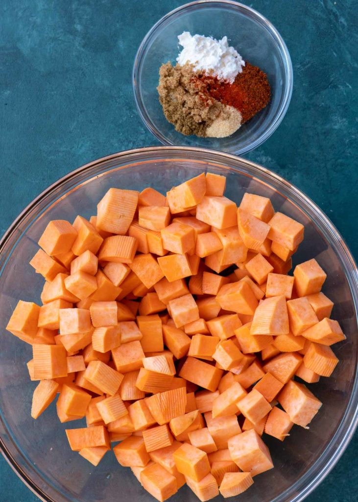 overhead shot of sweet potatoes and spices